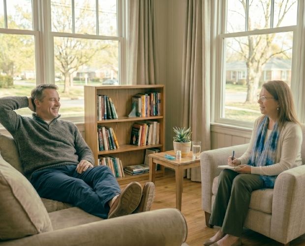 A man speaking with therapist in Westport, CT, Mindflow Therapy