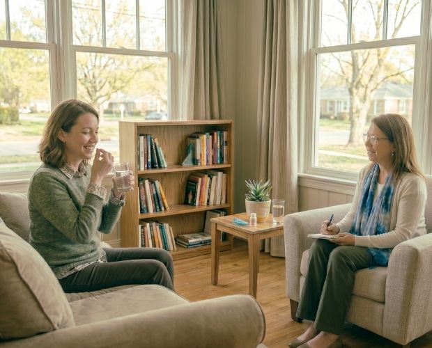 A woman doing ketamine assisted therapy in Westport, CT.